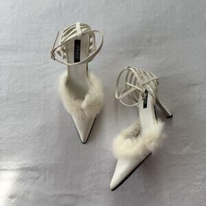 SPLASH Heel Shoes Womens Size 7 White Fur Trim Strappy Stiletto Ankle Strap
